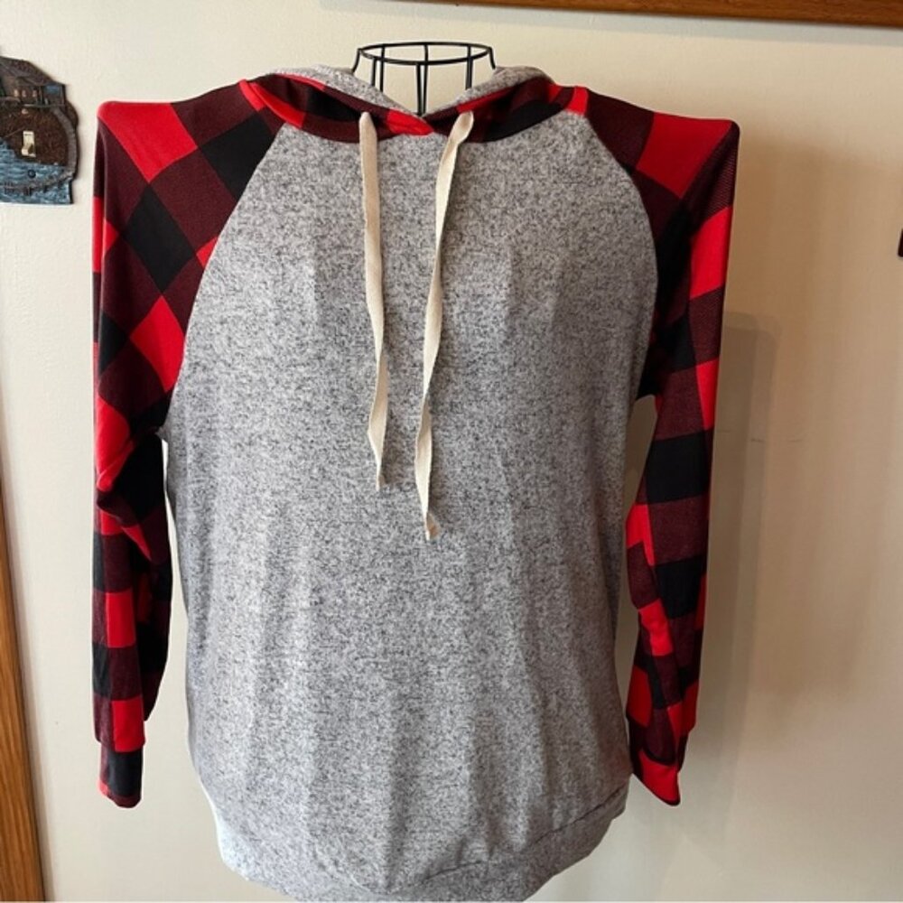 Lovely Souls Gray & Red Black Buffalo Plaid Soft Hoodie Women's Medium NWT